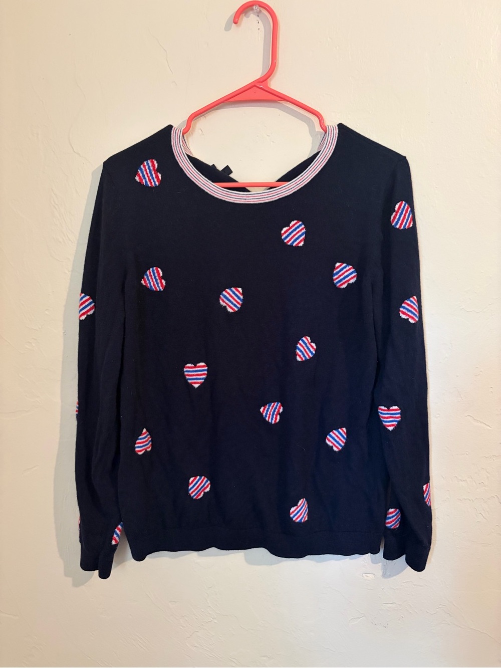 Talbots Navy Long Sleeve Sweater with Red & White Striped Heart Appliqués